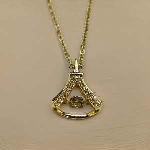 Gold Eiffel Tower with 1.5 ct Zircon Round Cut Floater Pendant Necklace